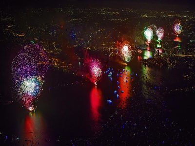 New Year’s Eve fireworks above the Sydney Harbour Bridge in Sydney, Australia (© James D. Morgan/REX/Shutterstock)