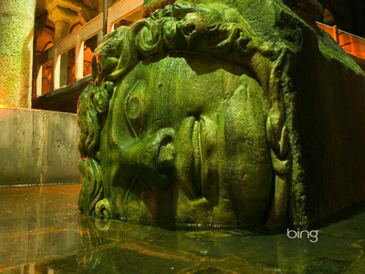 A head of Medusa used as the base of a column in the Yerebatan Cistern (Basilica Cistern), Istanbul, Turkey (© David Sutherland/Corbis)