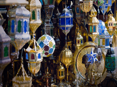 Lanterns, including traditional Ramadan lanterns, for sale in the souk near the Djemaa el Fna in Marrakesh, Morocco (© Simon Harris/Corbis)